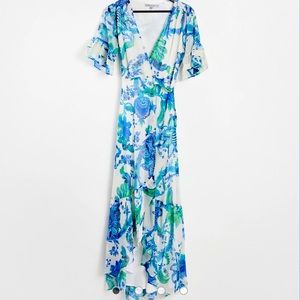 Hope & Ivy ruffle wrap maxi dress in ivory cobalt floral